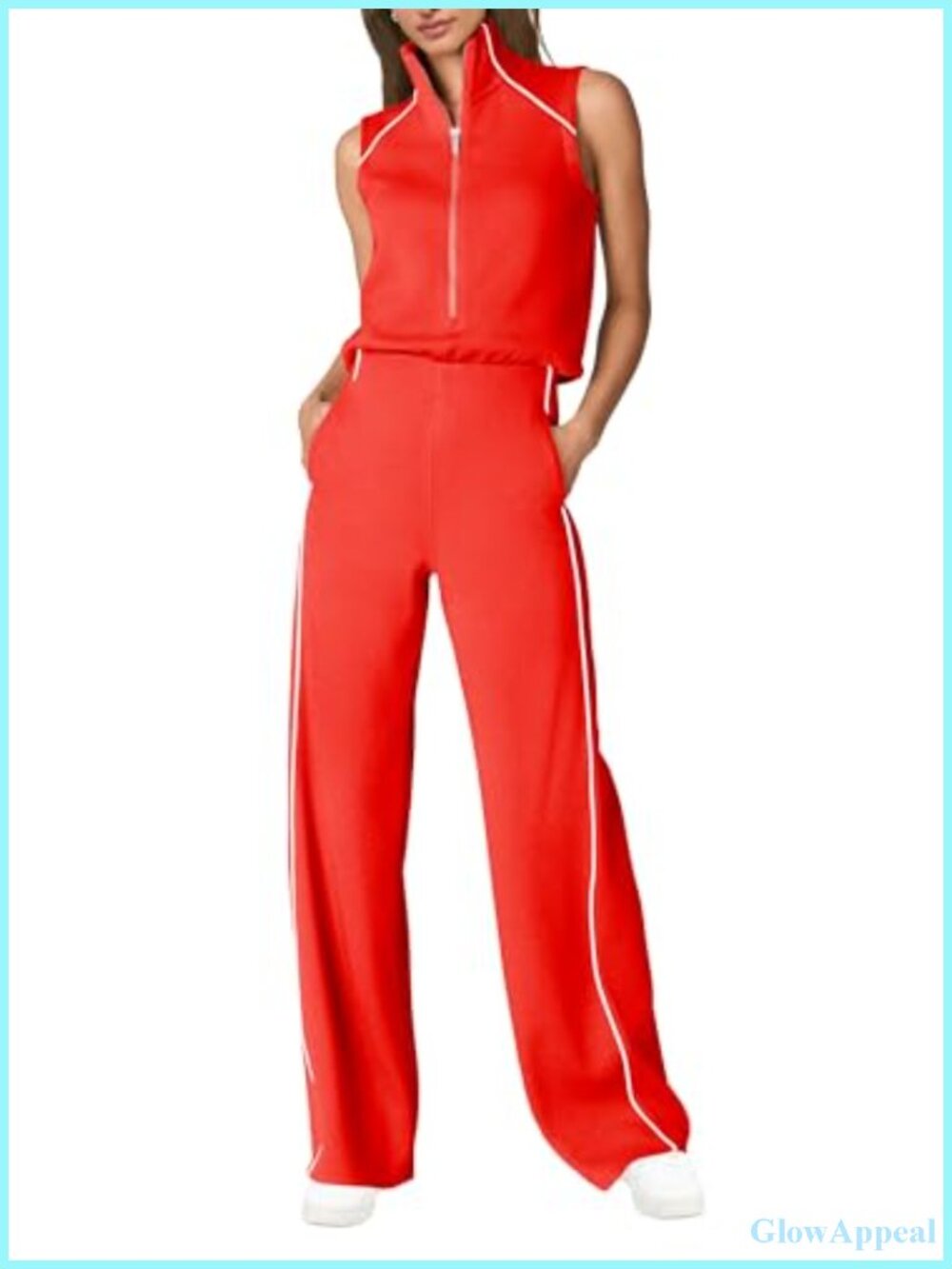 Sleeveless Mock Neck Wide Leg Jumpsuit with Pockets